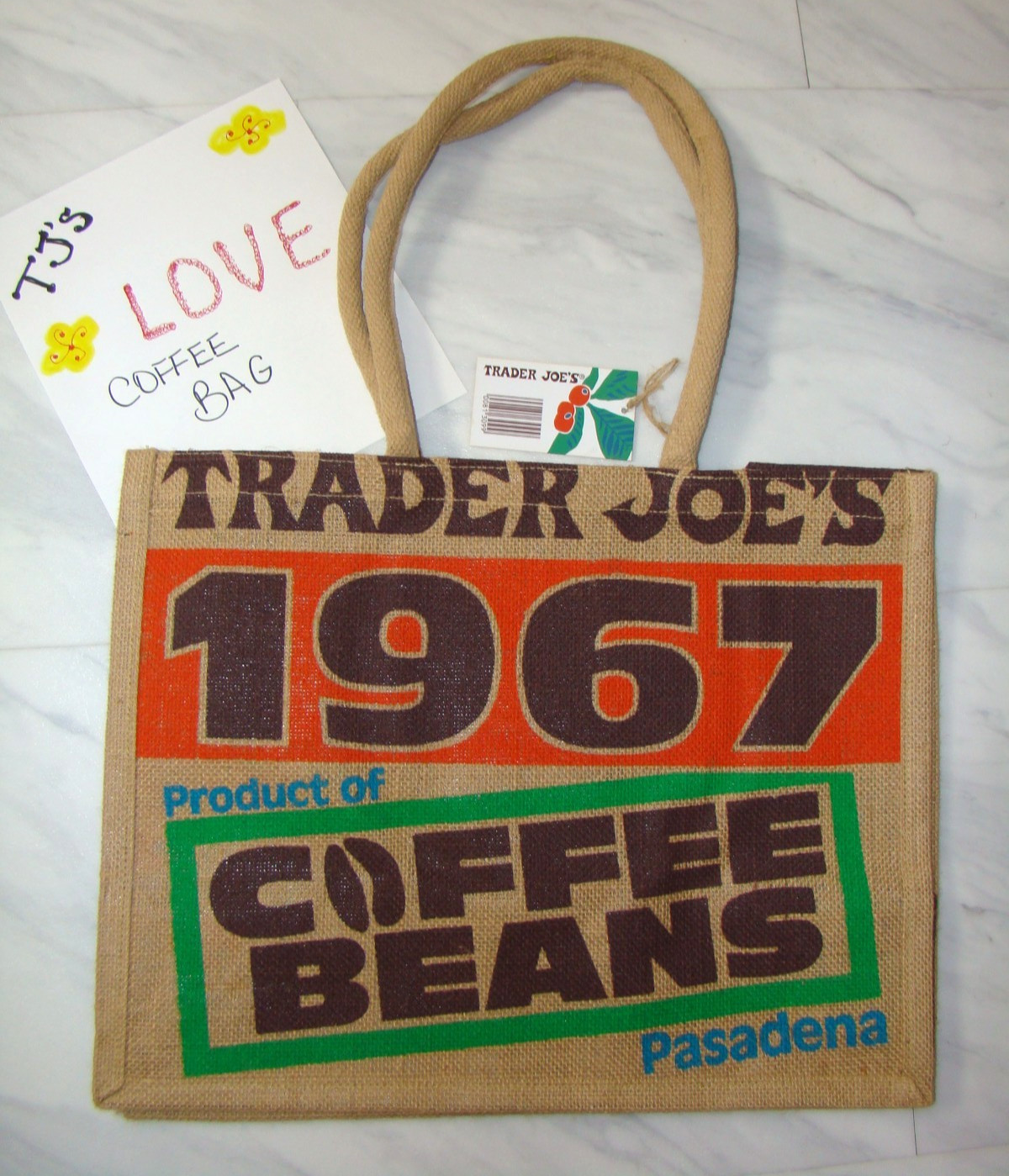 New Trader Joe’s Pasadena Coffee Beans Reusable Shopping Grocery Jute Burlap Bag