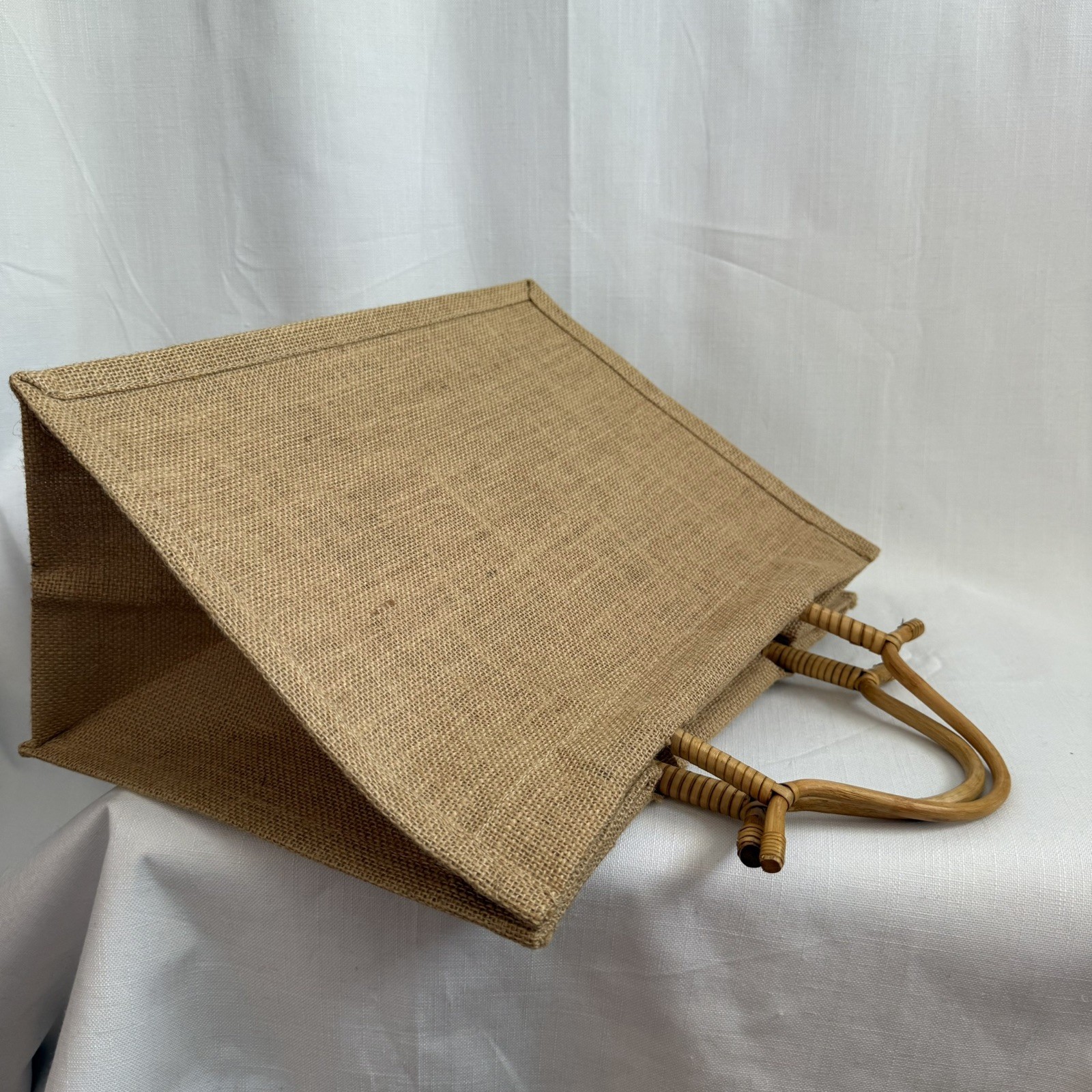 Natural Jute Tote with Bamboo Handles MED Beach Eco- Friendly Reusable Burlap