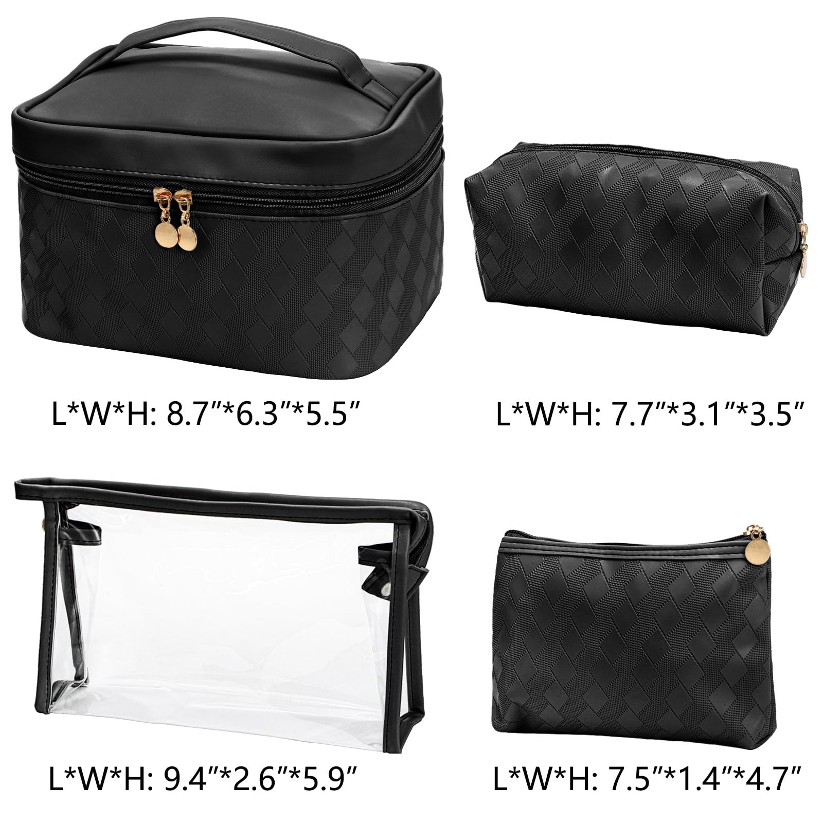 Hedume Set of 4 Makeup Bags, Black Leather Portable Travel Cosmetic