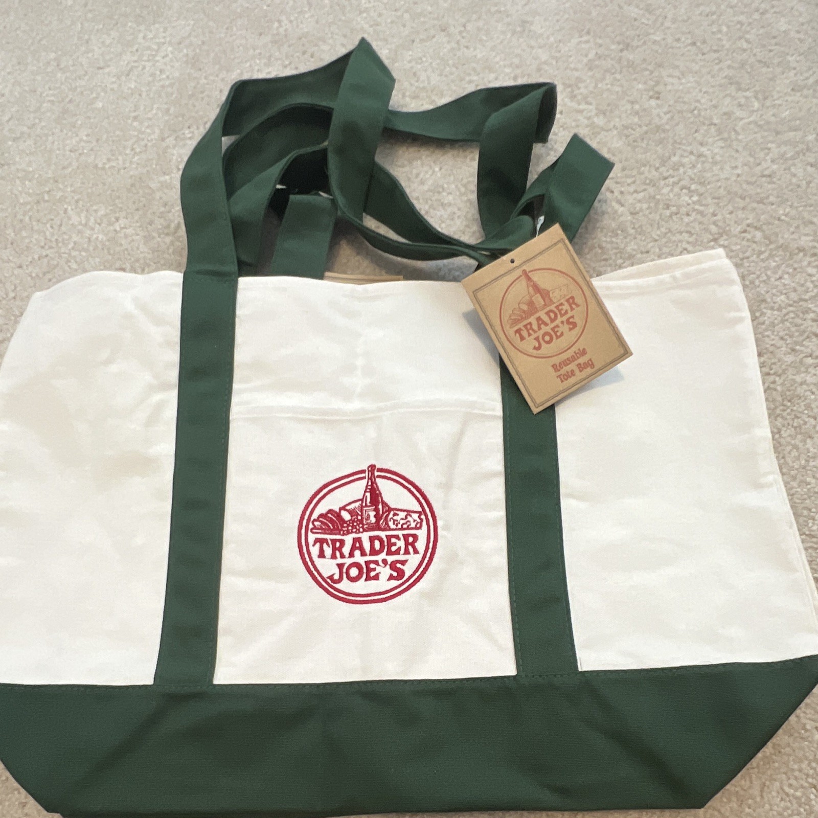 Trader Joe’s Reusable Tote Bag Cotton/Poly Green/White/Red 13x6x10 in