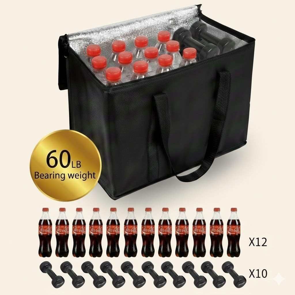 XL Insulated Shopping Bags 2-Pack, Black, Zipper Closure