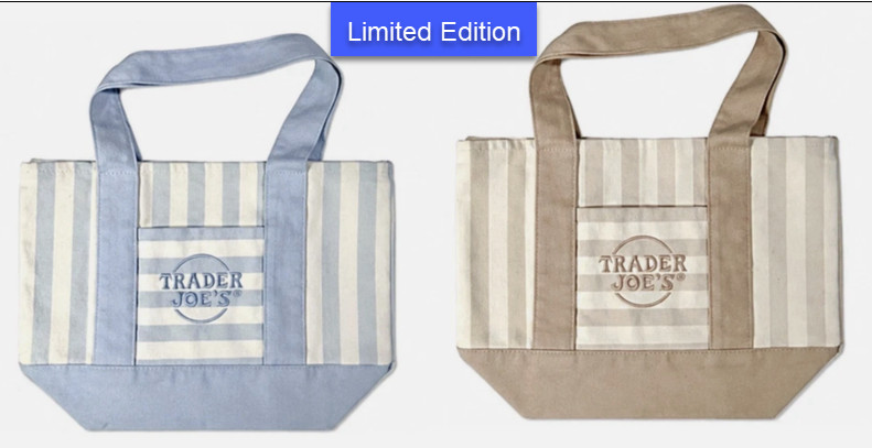 Trader Joe’s 💚 SET OF 2 MINI CANVAS REUSABLE TOTE BAGS Blue & Tan Brown Stripe