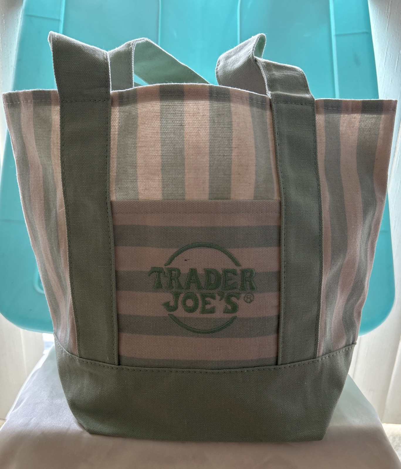 NEW TAG TRADER JOE’S TRENDING STRIPED MINI CANVAS TOTE GREEN SHOP/BEACH/TRAVEL