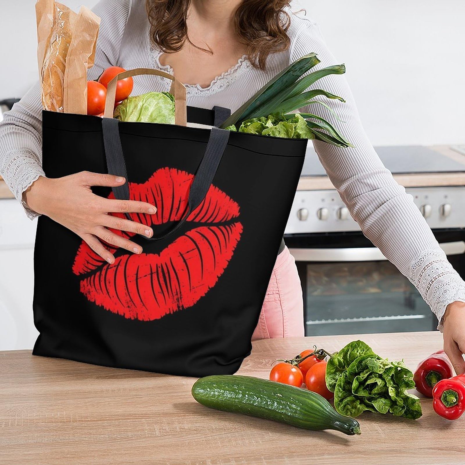 Muishi Red Lips Canvas Tote Bag Large Women Casual 16*20*6 inch, Multicolor5