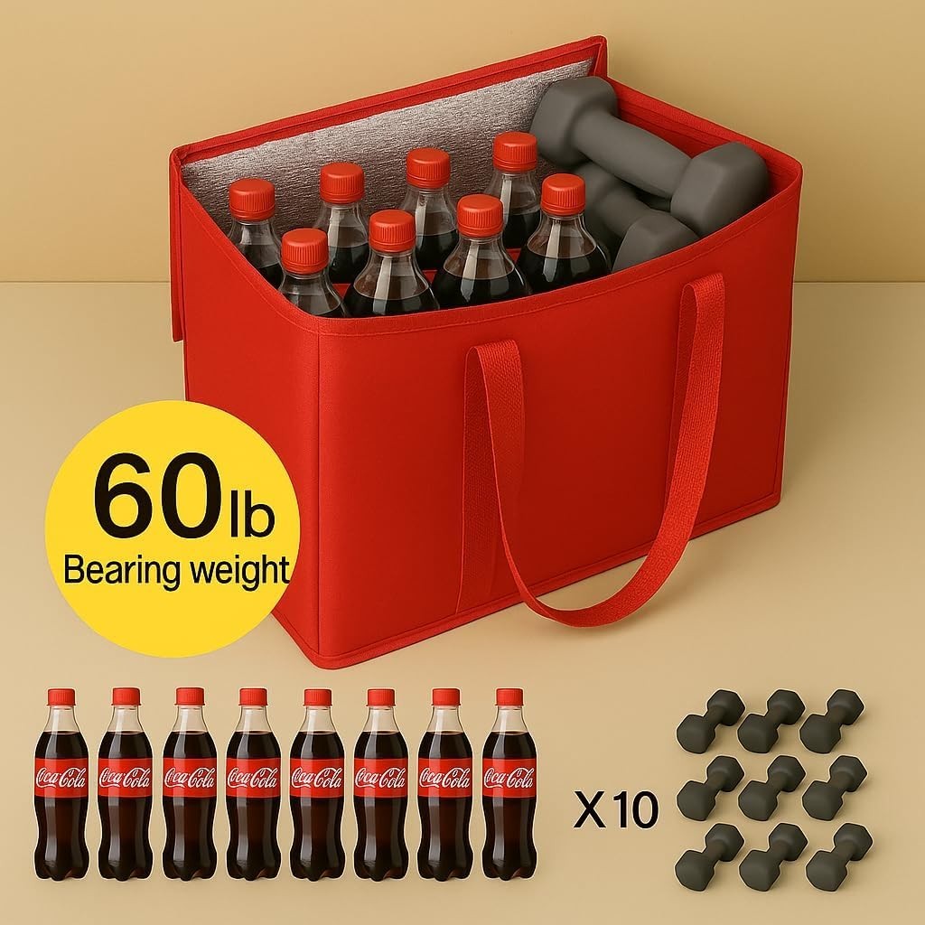XL-Large Insulated Grocery Bags Red Zippered Reusable Collapsible Tote 2-Pack