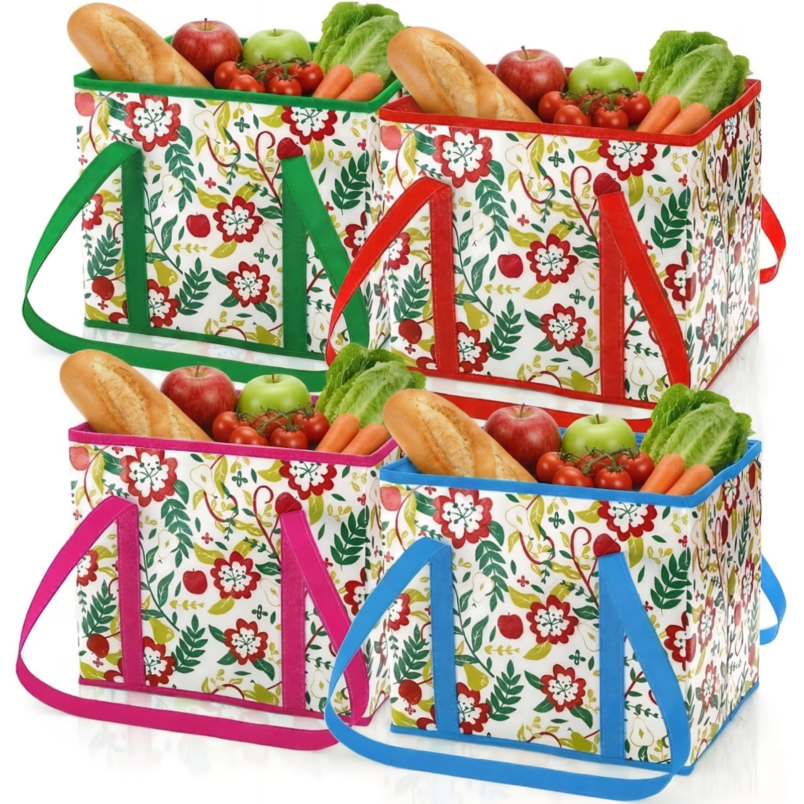 4 Pack Reusable Grocery Bags, Large Heavy-Duty Shopping Tote with Shape, Fold…