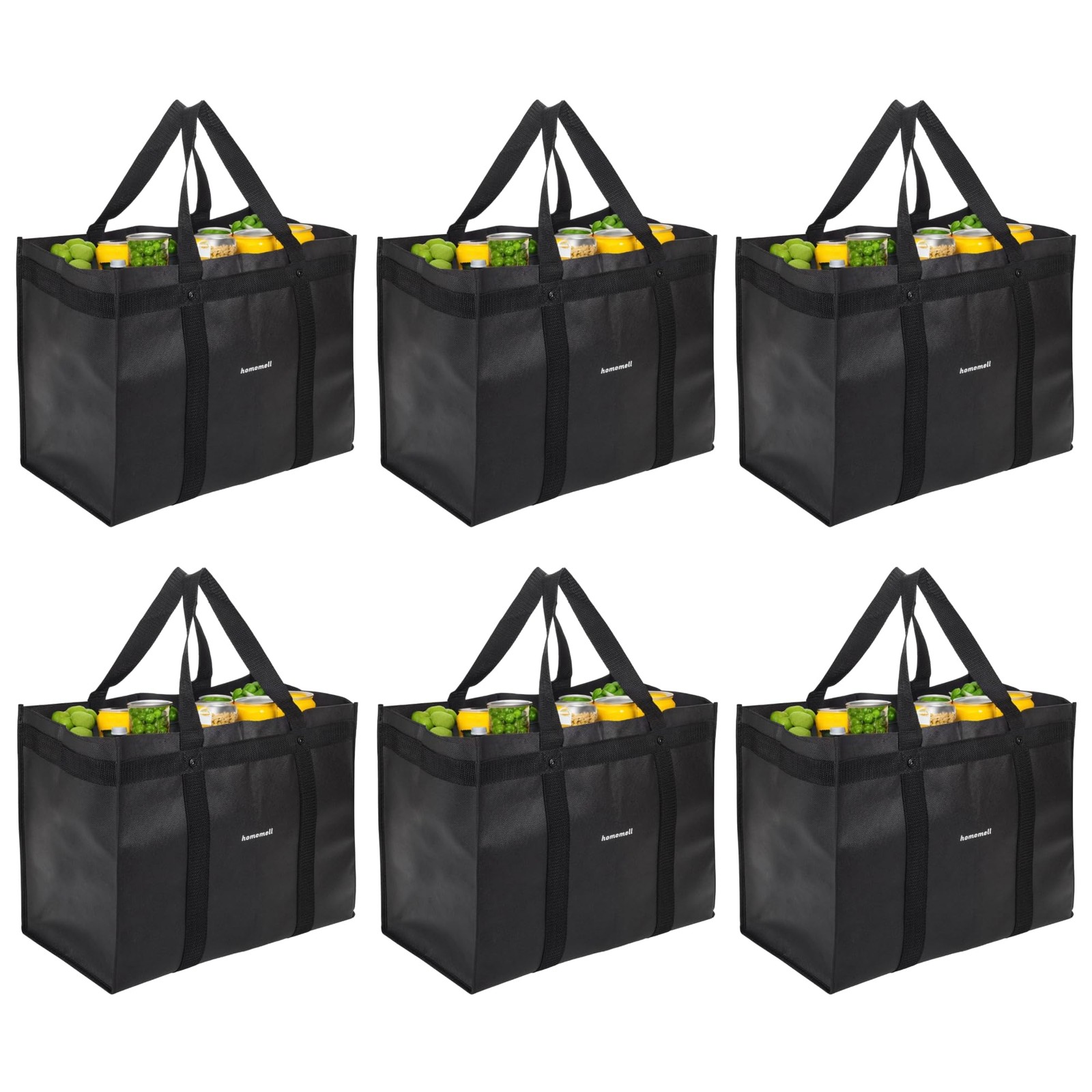 Heavy Duty Reusable Grocery Bags, Large Collapsible 6 Pack, Black