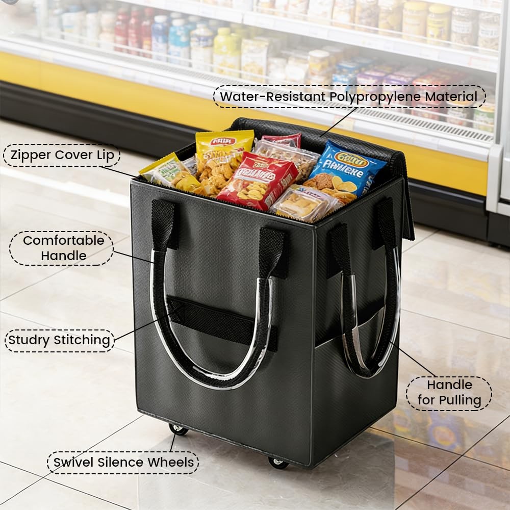 Rolling Tote Bag on 4 Wheels, Reusable Grocery Bag with Handle and Zipper, 60…