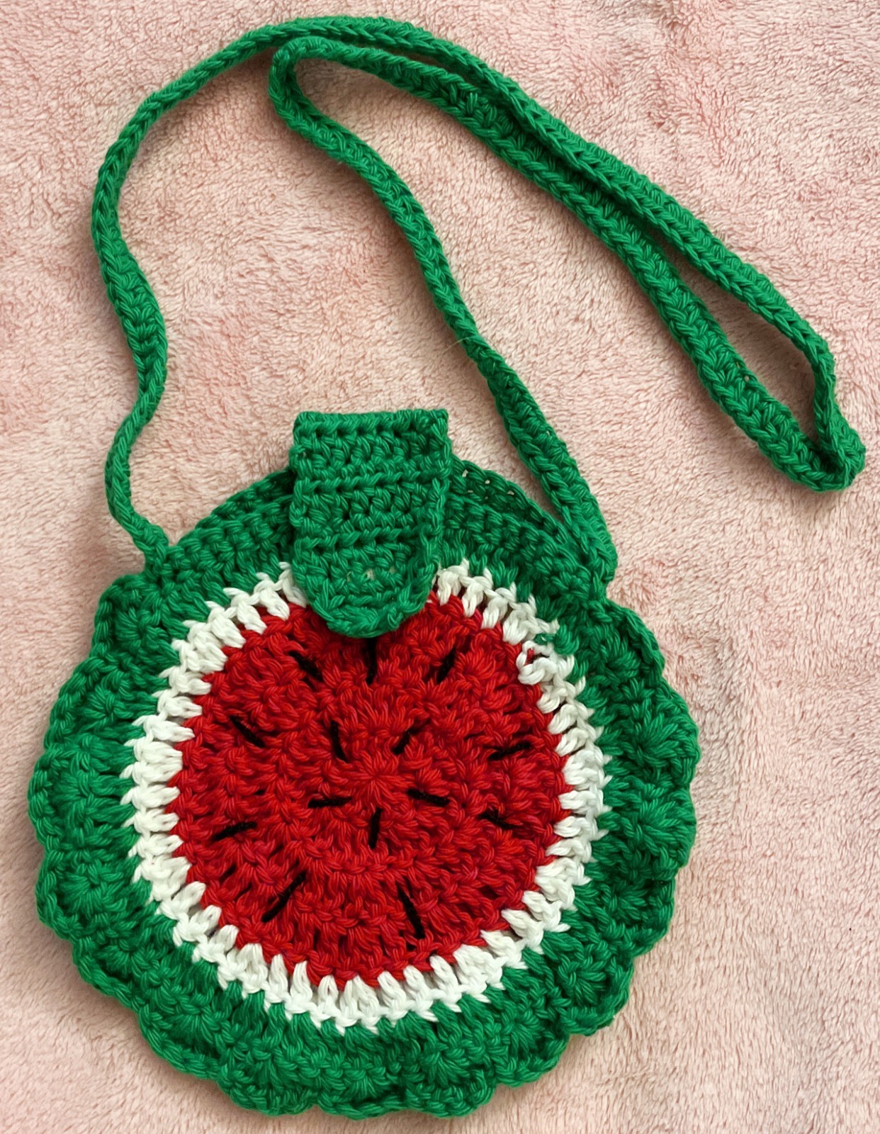 Handmade Crochet Watermelon Crossbody Bag Red Green Cotton Kids Teen Purse D-8″