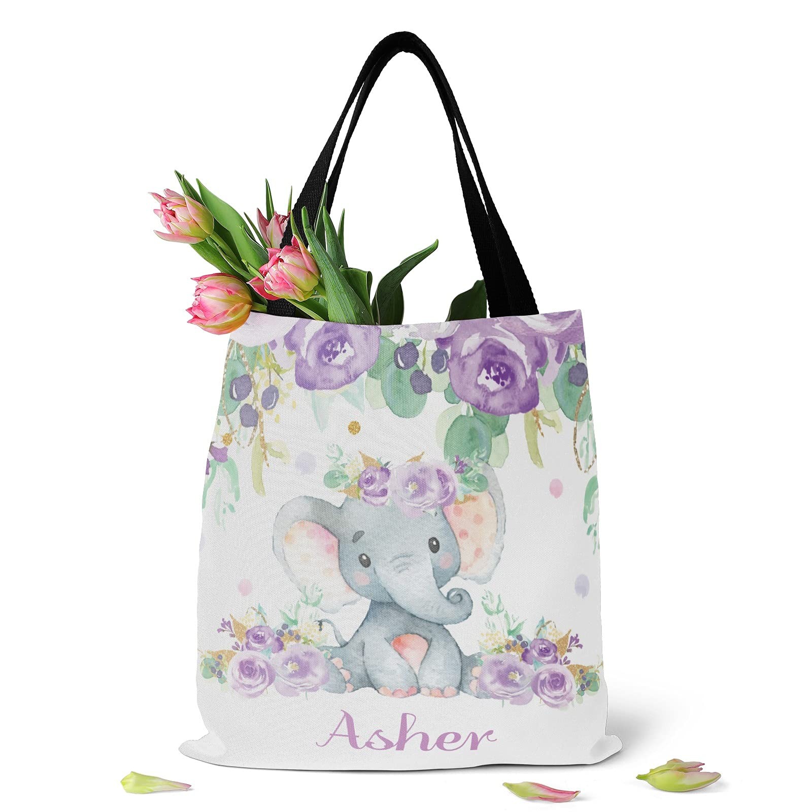 Cute Elephant Purple Floral Personalized Canvas Tote Bags, Reusable Bags for …