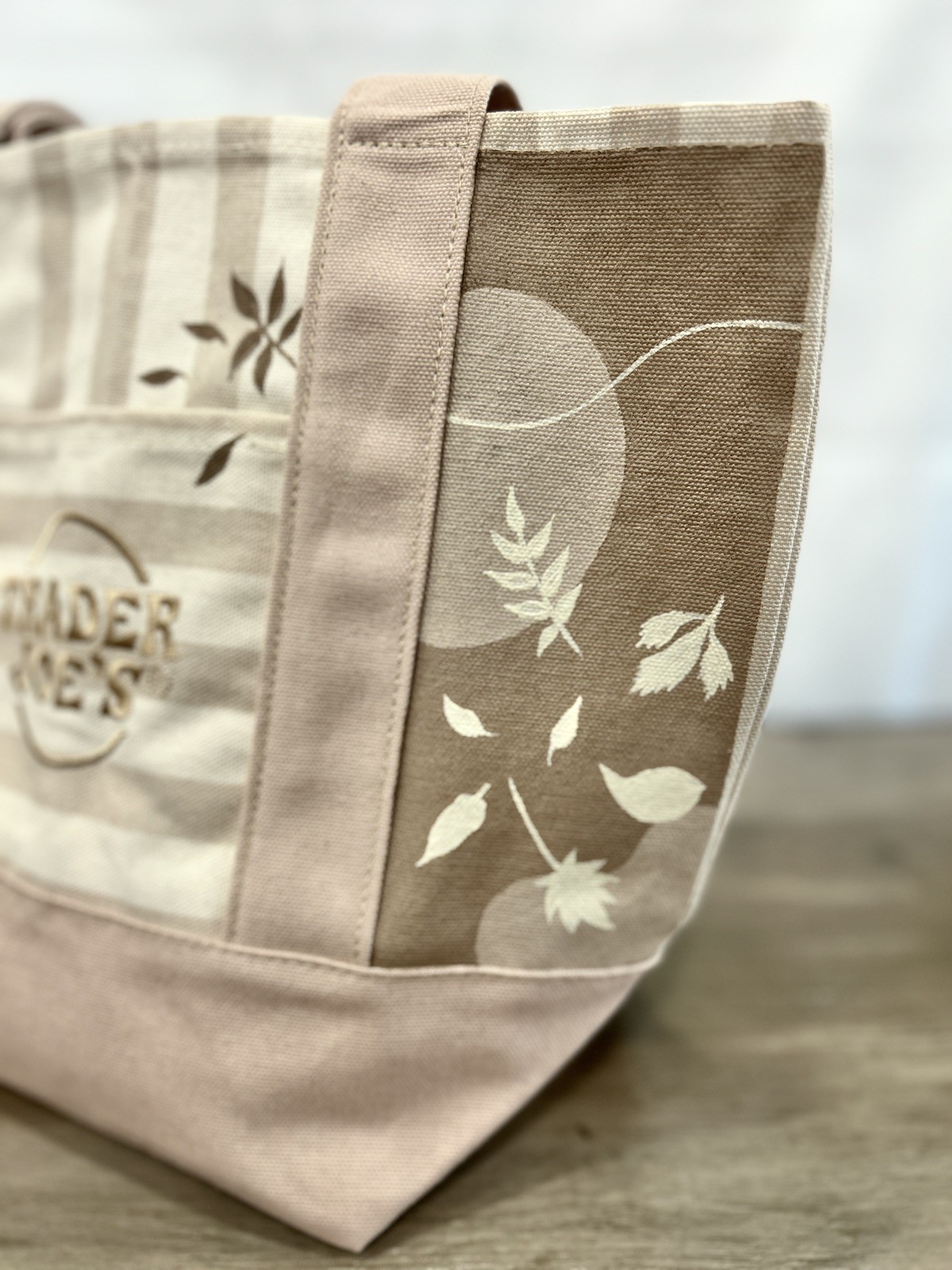 Made To Order – Hand-Painted Trader Joe’s Striped Mini Beige Tote — Fall leaves