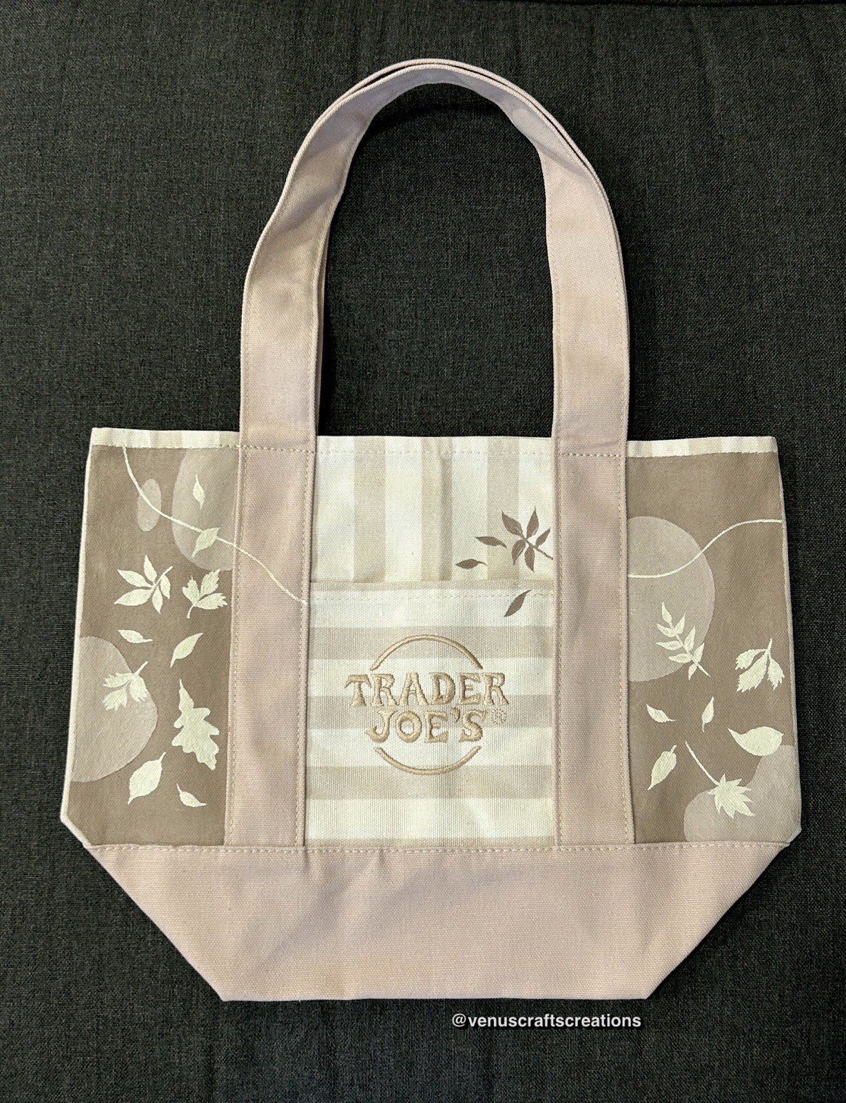 Made To Order – Hand-Painted Trader Joe’s Striped Mini Beige Tote — Fall leaves