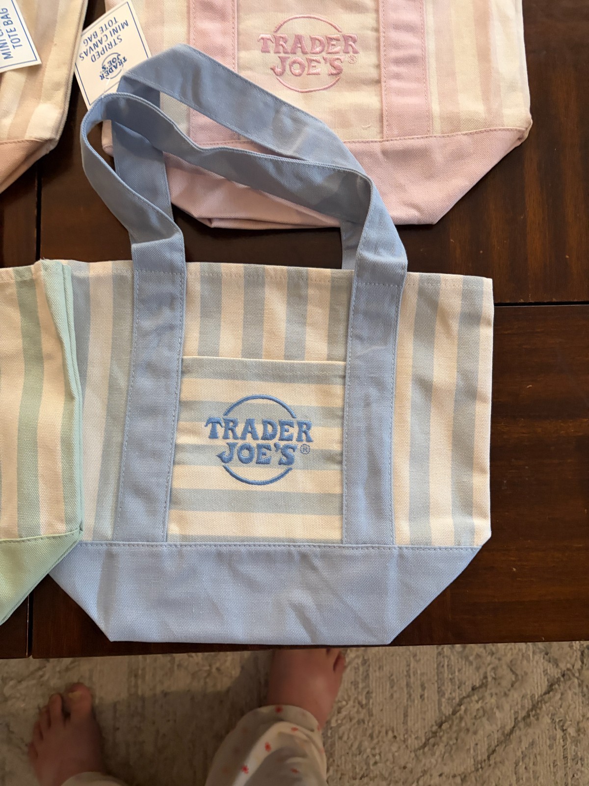 Trader Joe’s Set of 4 Striped Mini Canvas Tote Bags-Pink, Blue, Green Beige NEW