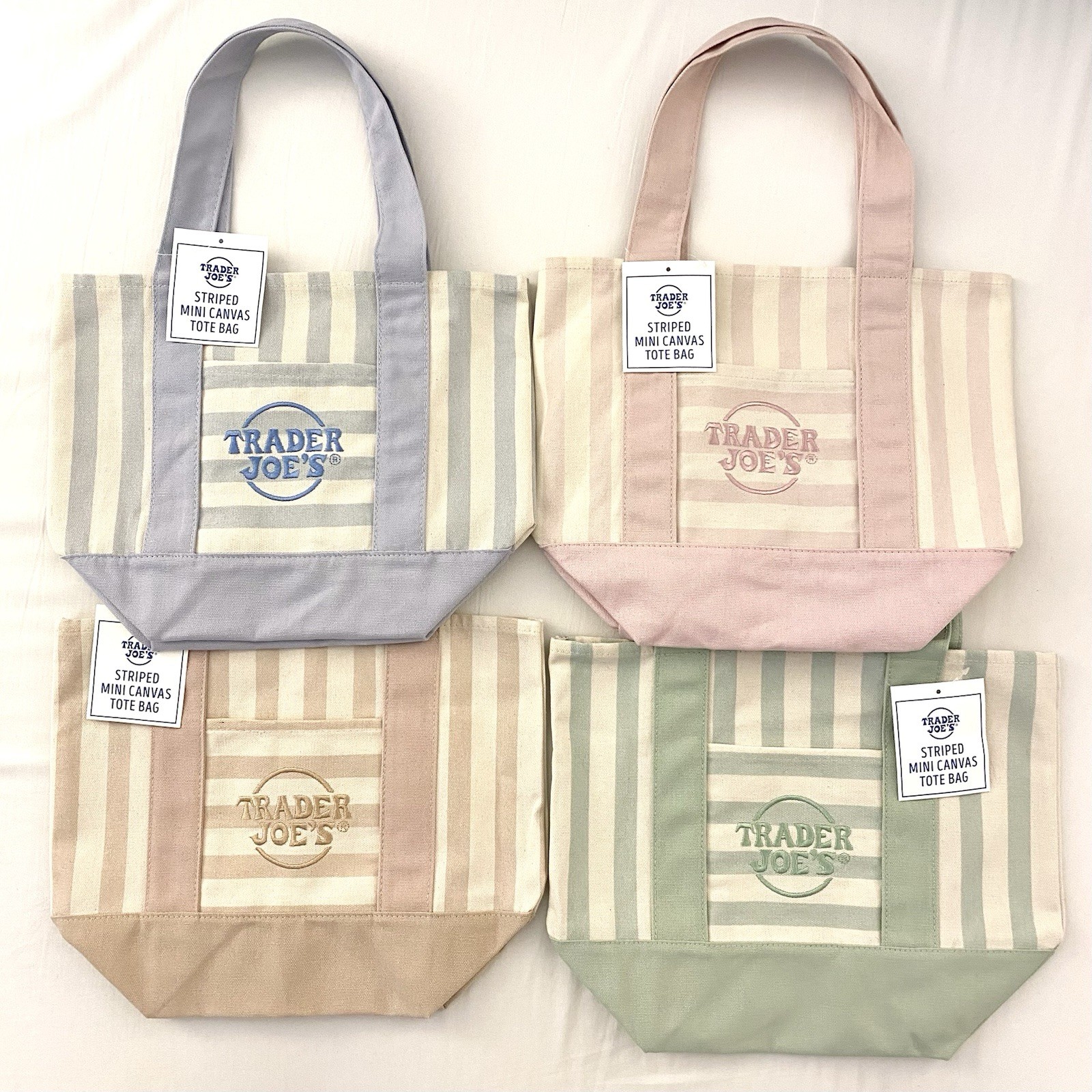 NEW Trader Joe’s Mini Tote Pastel Striped Canvas Summer Pink Blue Green Beige