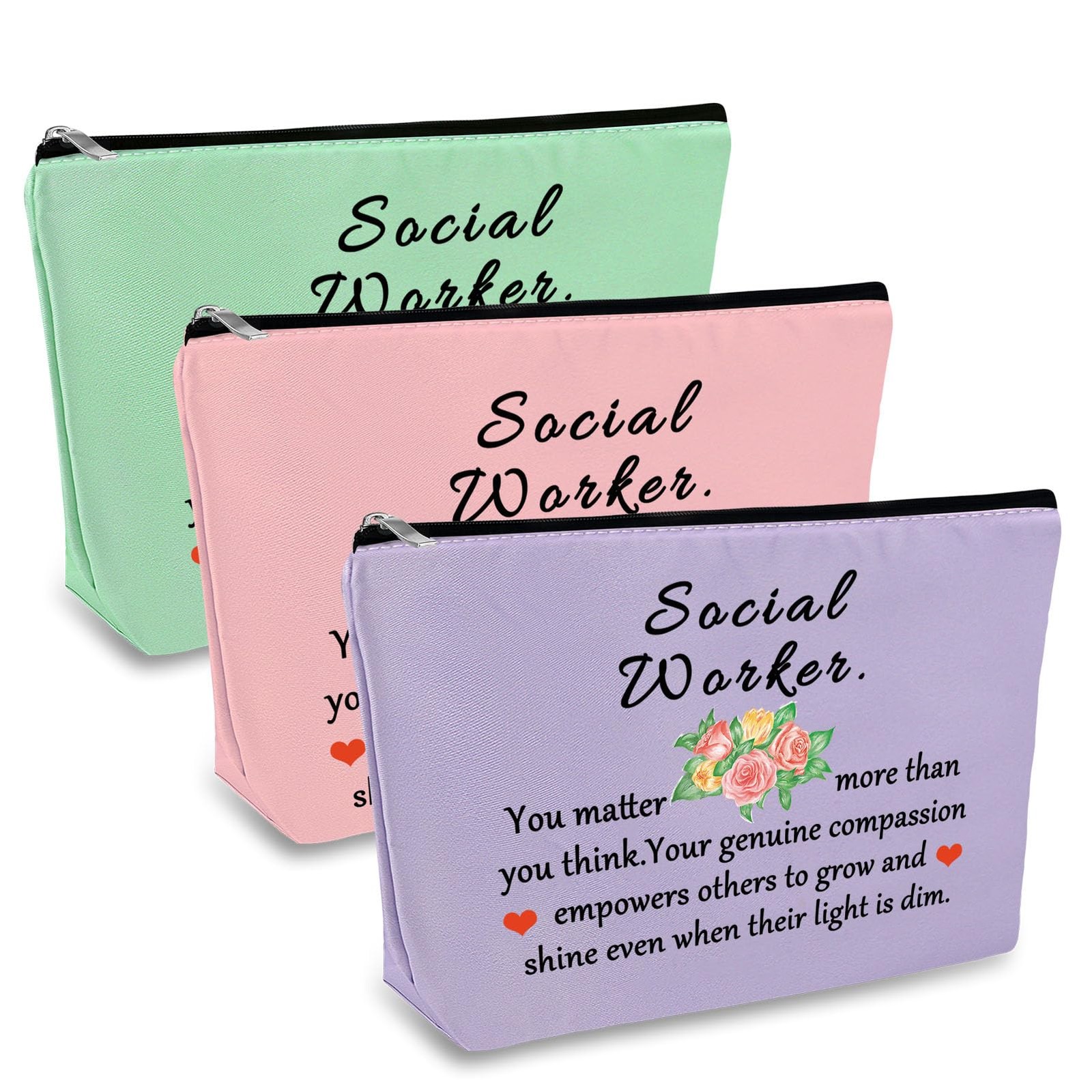 3 Pcs Social Worker Gift Makeup Bag Work Green+Pink+Purple