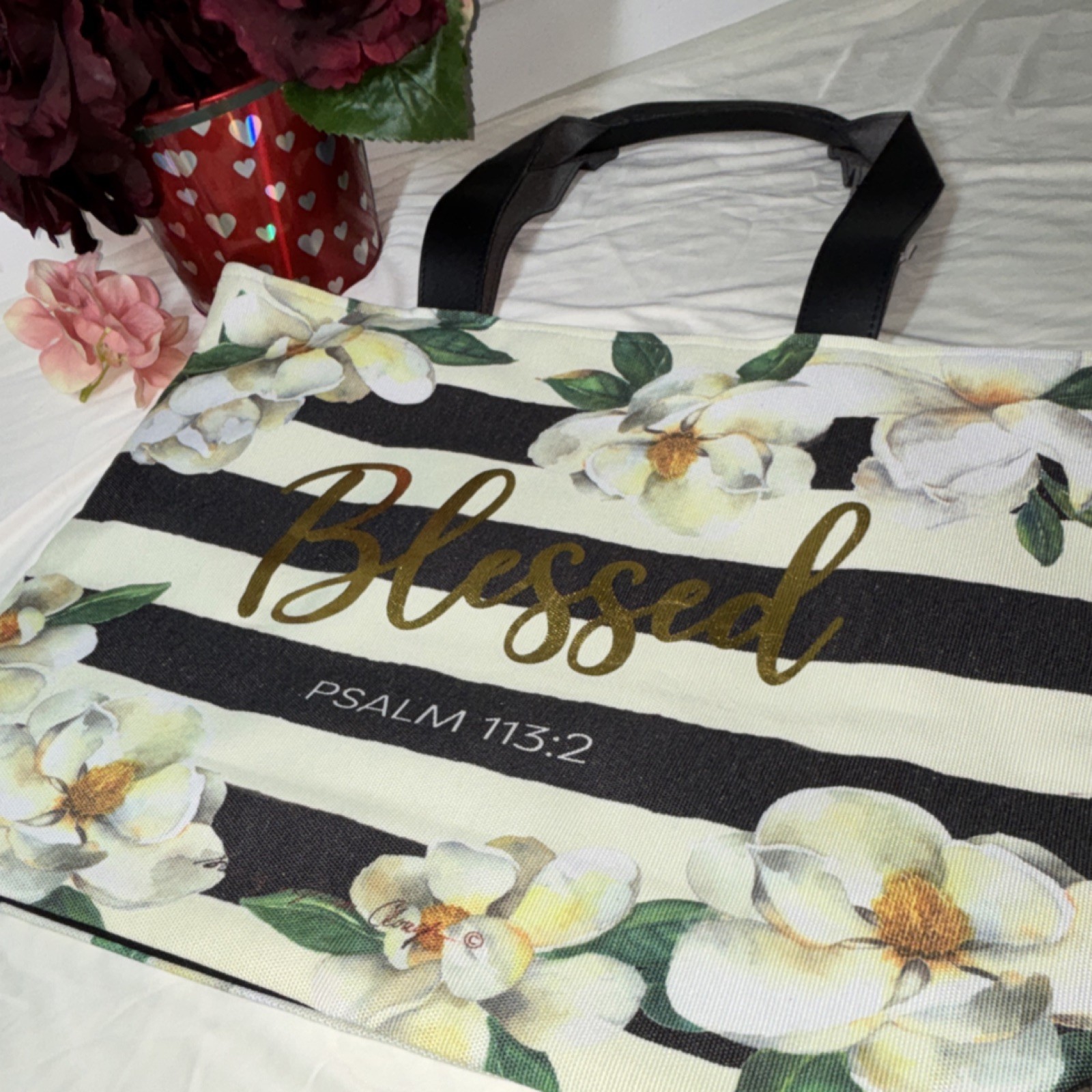 Psalm 113:2 Floral Canvas Reusable Shopping Bag Foldable Tote with Handles