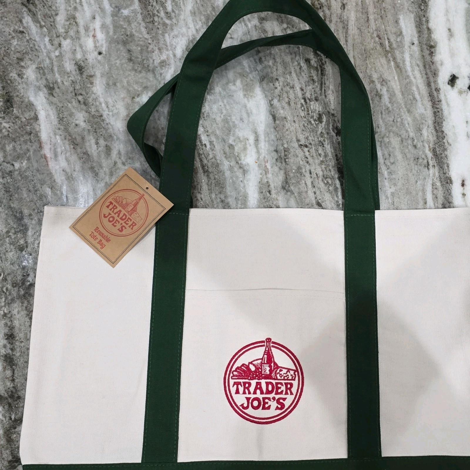 Trader Joe’s Reusable Tote Bag Beige White Green Handles Logo Pattern Reusable