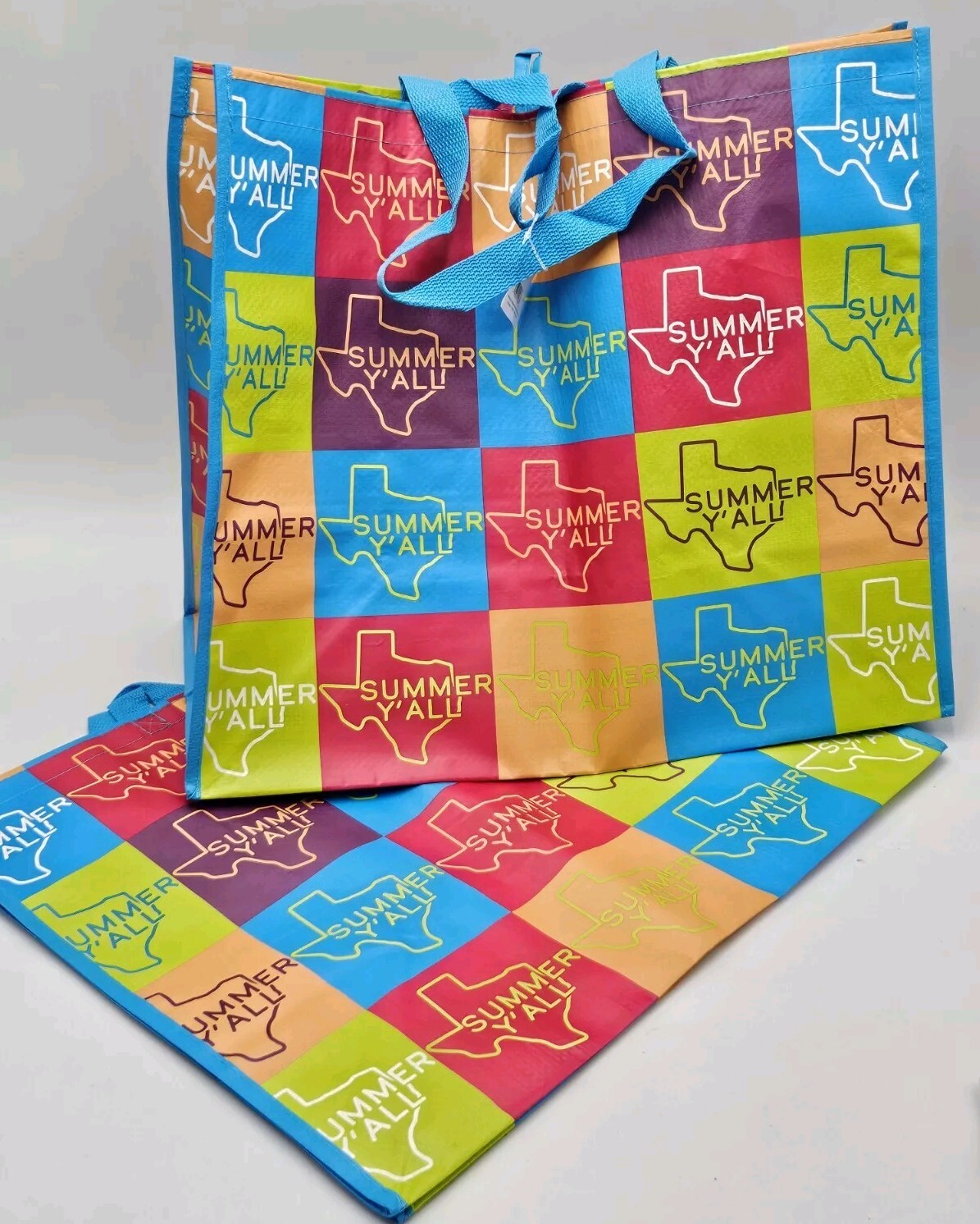 2 New H-E-B HEB Texas Logo SUMMER Y’ALL Reusable Shopping Tote Bag 18″ x 16″
