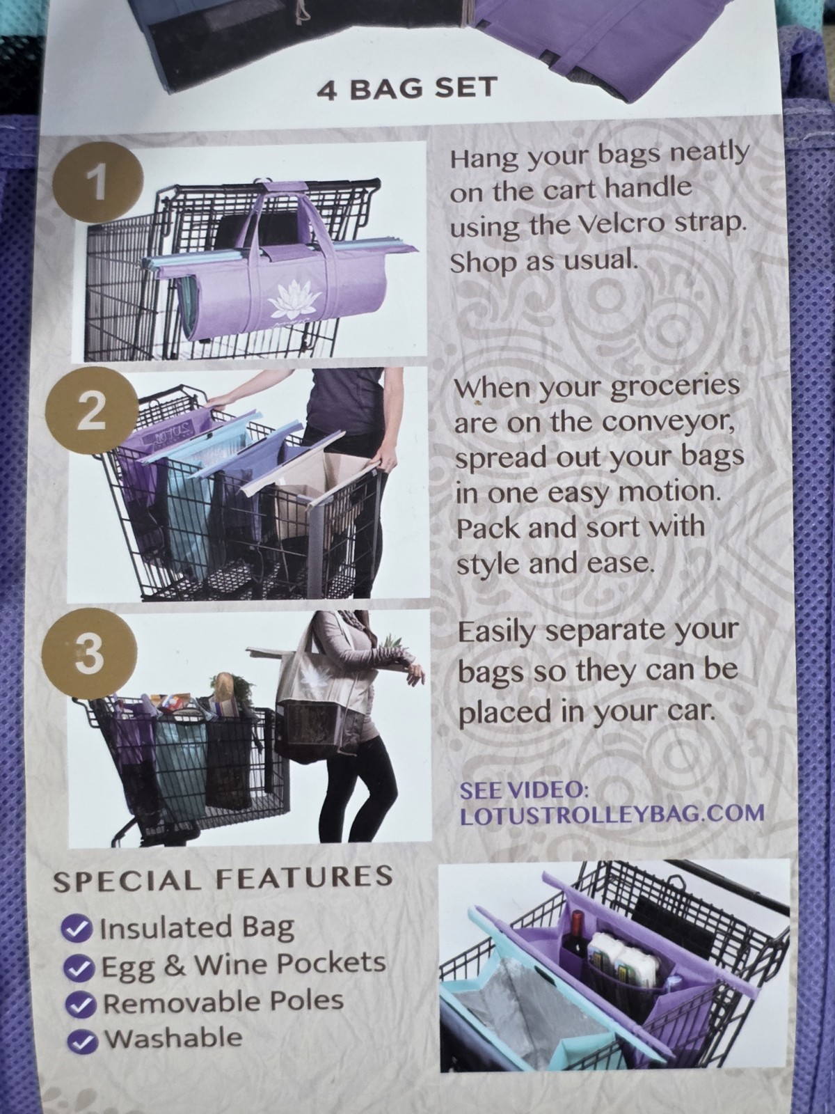 NEW Lotus Trolley 4 Large Bags Shopping Cart Organizer Insulated Washable Set