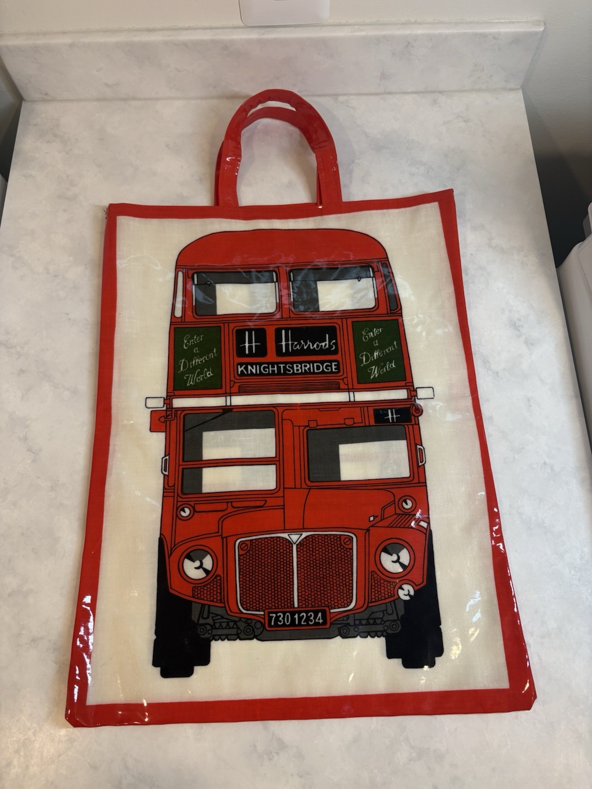 Vintage Harrods PVC Tote Bag Red Double Decker Bus 18.5 x 15 London Made In UK