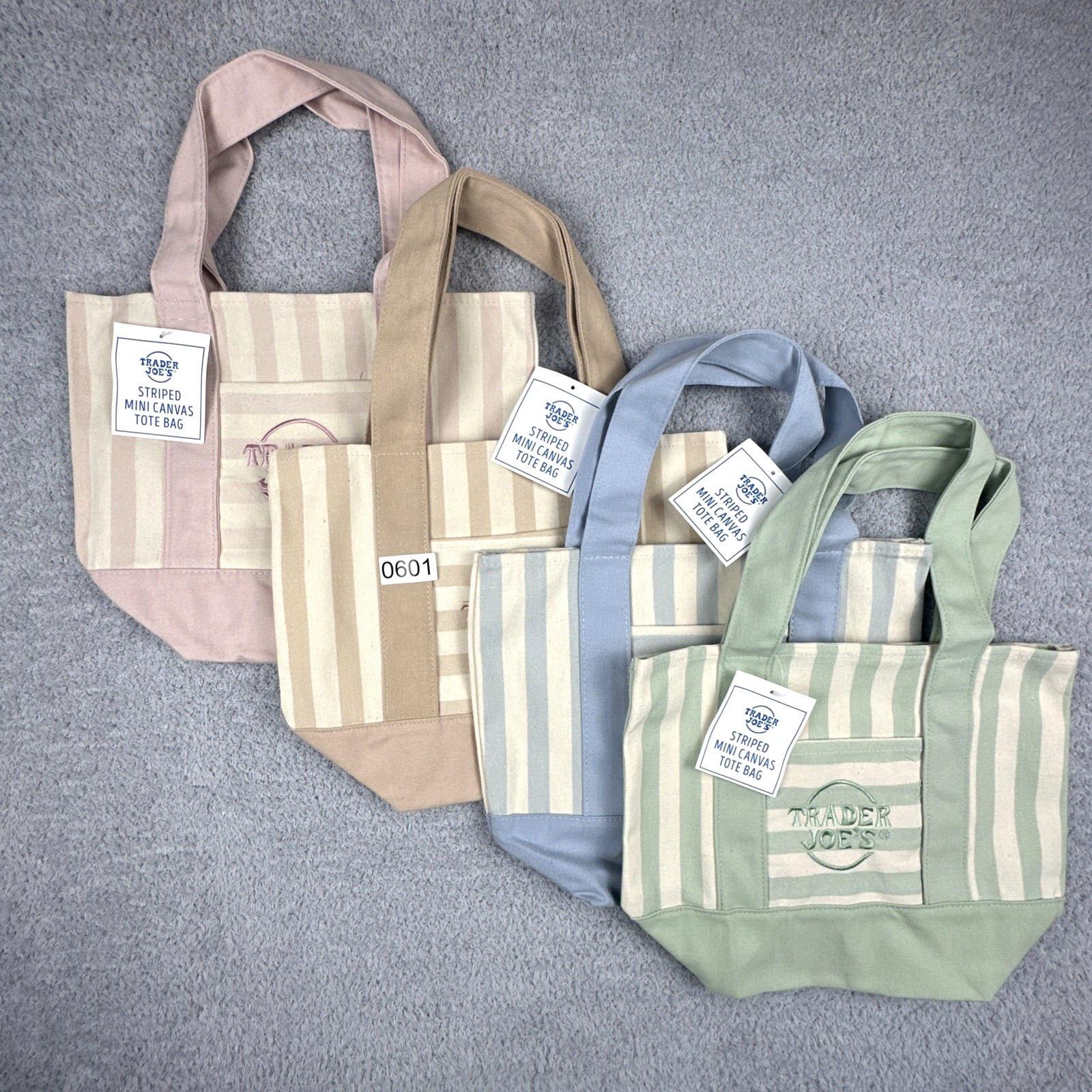 TRADER JOE’S MINI PASTEL STRIPE CANVAS TOTE BAGS SET Of 4 PINK BLUE GREEN BEIGE