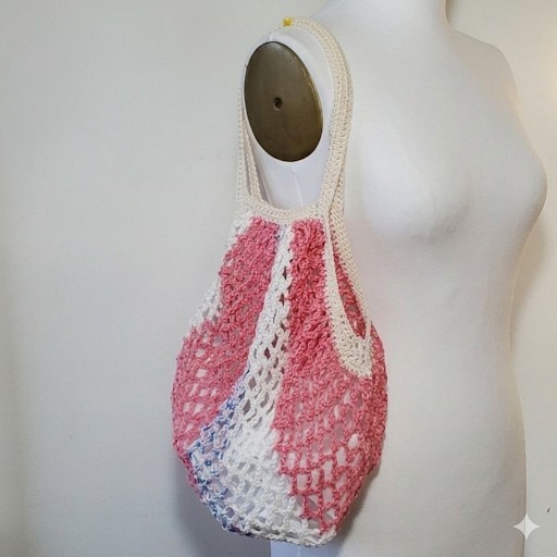 Farmers Market Bag Pink Handmade Crochet French Net Sack Cotton Grocery Beach