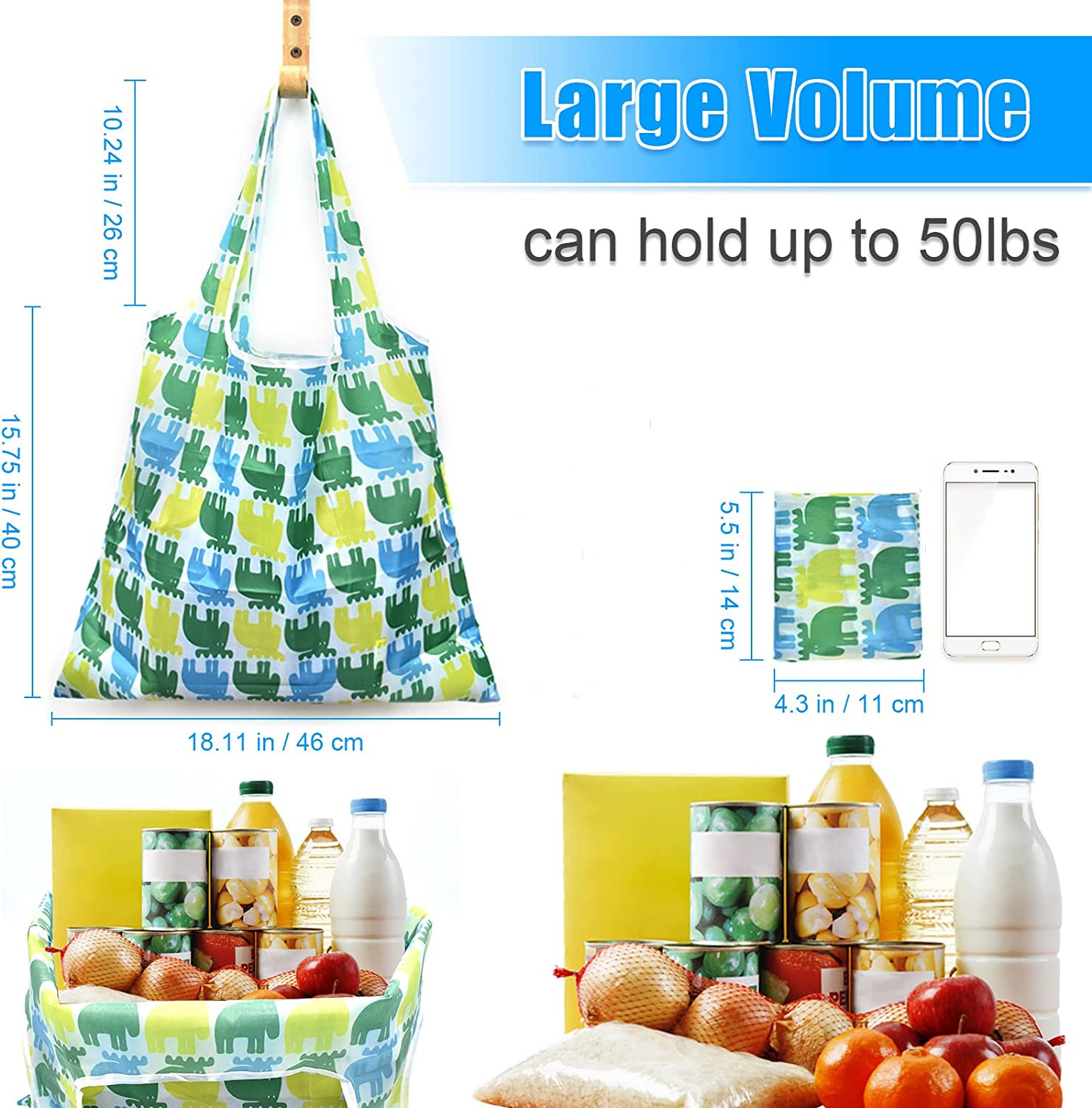 6 Pcs Reusable Grocery Bags Xlarge 50LBS Foldable Grocery Shopping Bags Washable