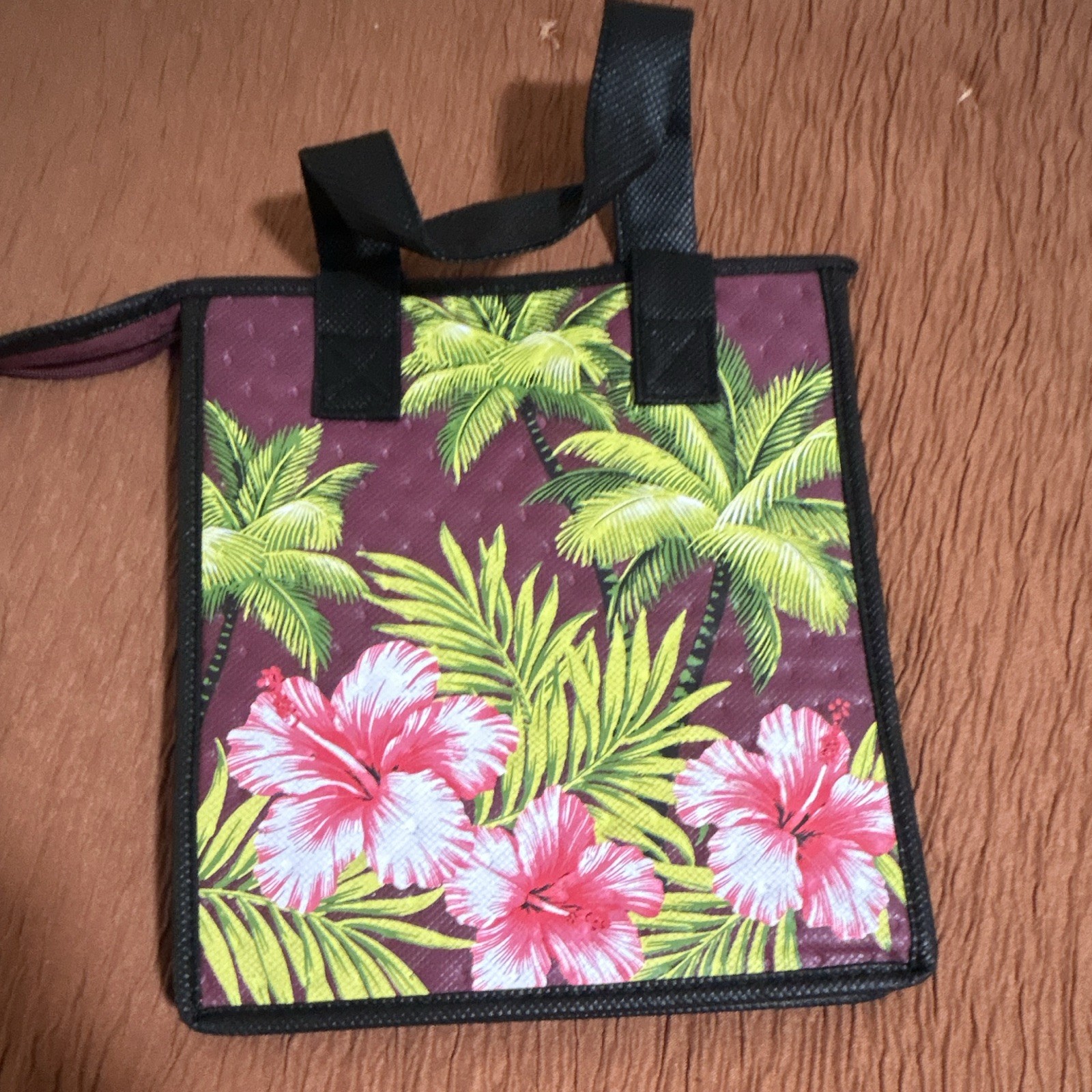 Small Insulated Reusable Shopping Tote Bag Purple Tropical Floral Palm Print