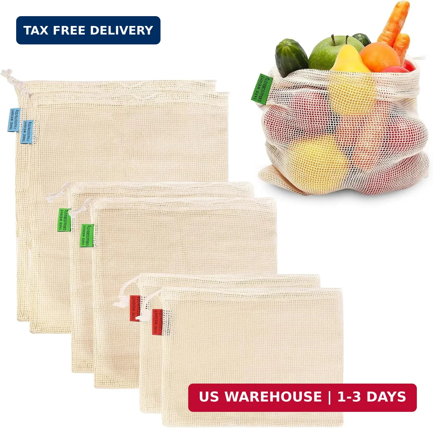 Cotton Mesh Reusable Produce Bags Set of 6 Washable Fruit Veggie Storage S M L
