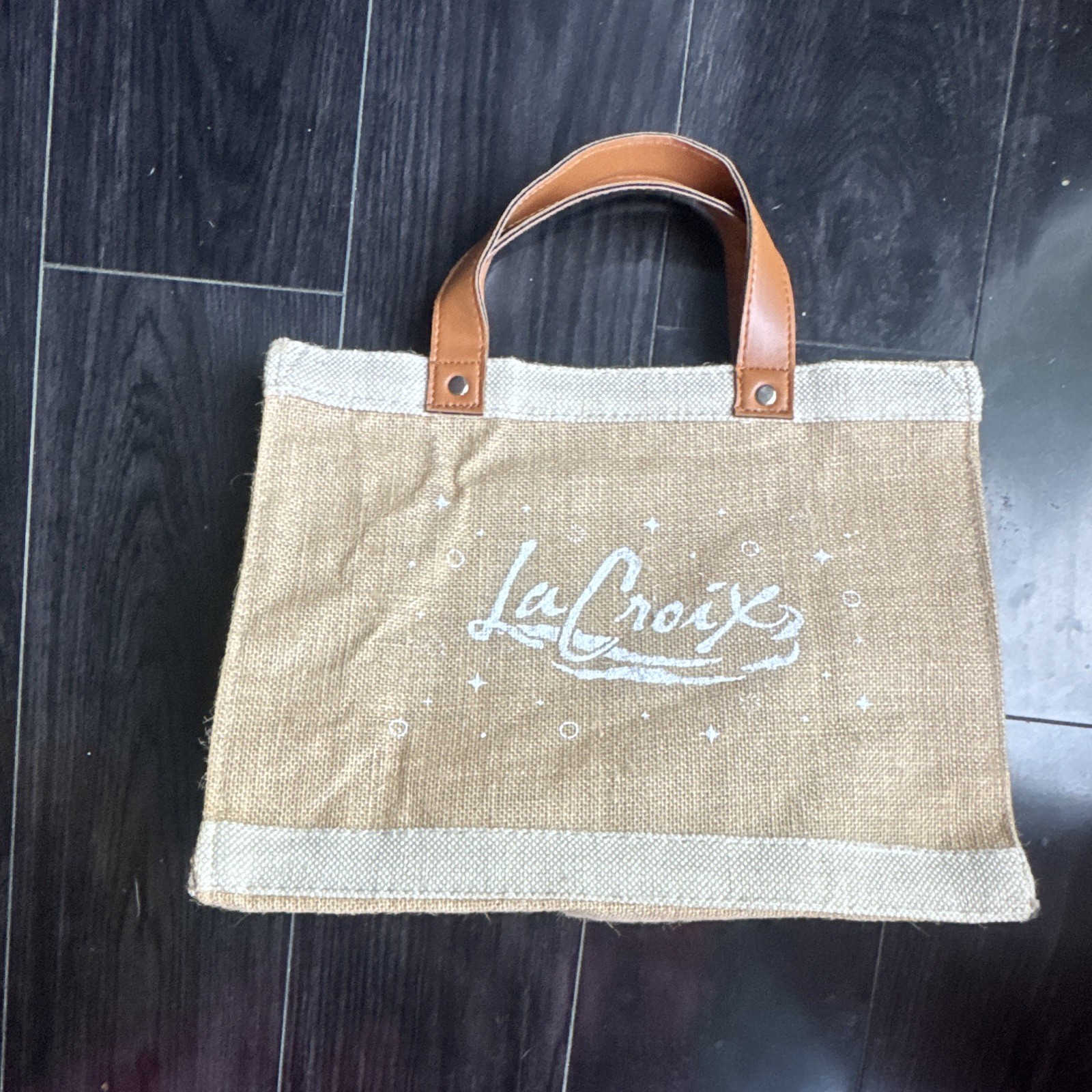 LaCroix Canvas Tote Bag Beige/Brown Double Handles Reusable Logo 12×10