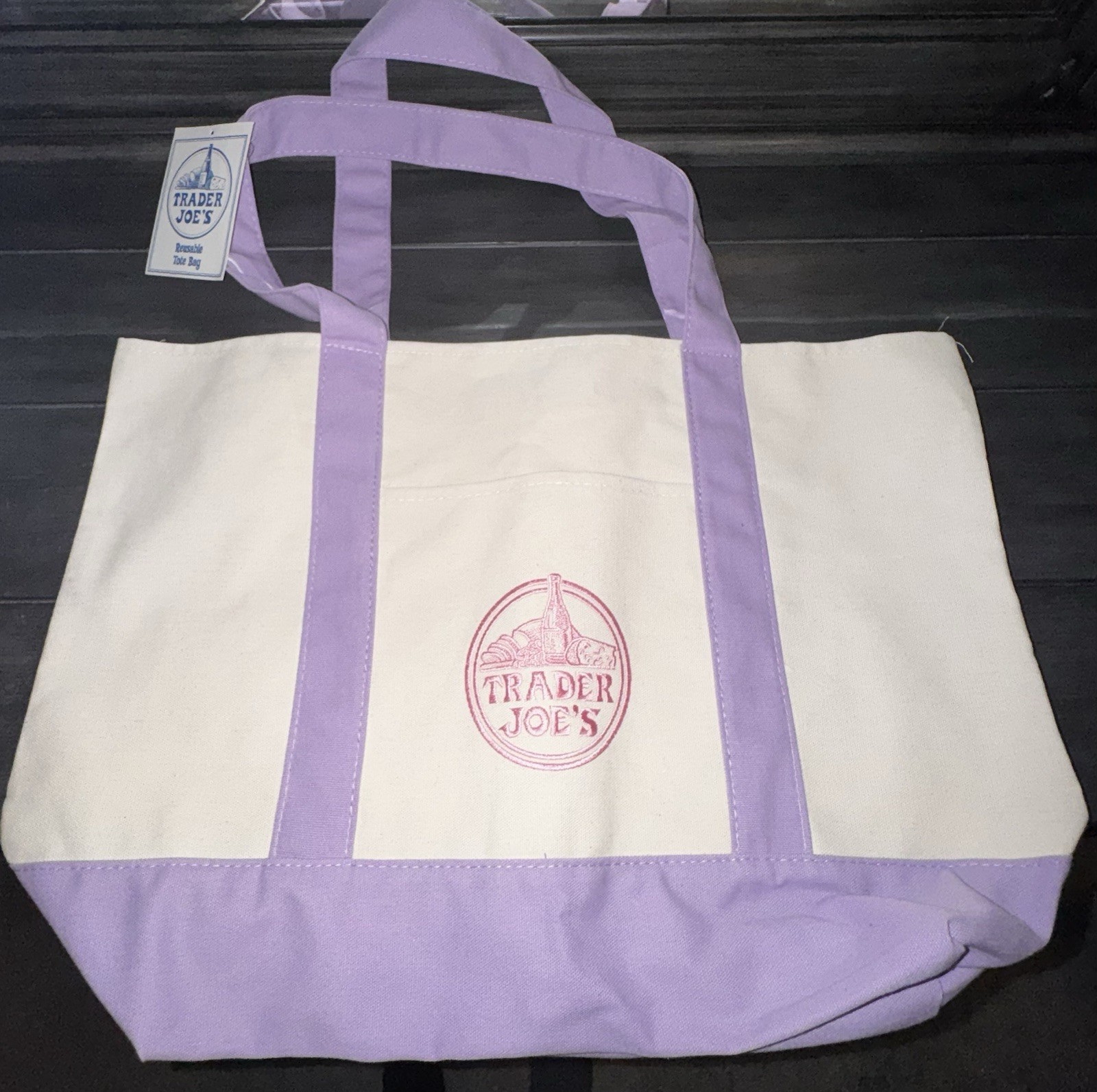 Trader Joe’s Foldable Canvas Reusable Tote Bag Purple Beige Solid Plain