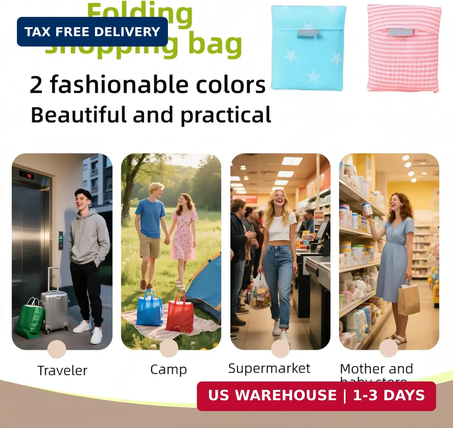 2 Pack Reusable Foldable Grocery Bags – Waterproof 20×14 Inch Tote with Pockets