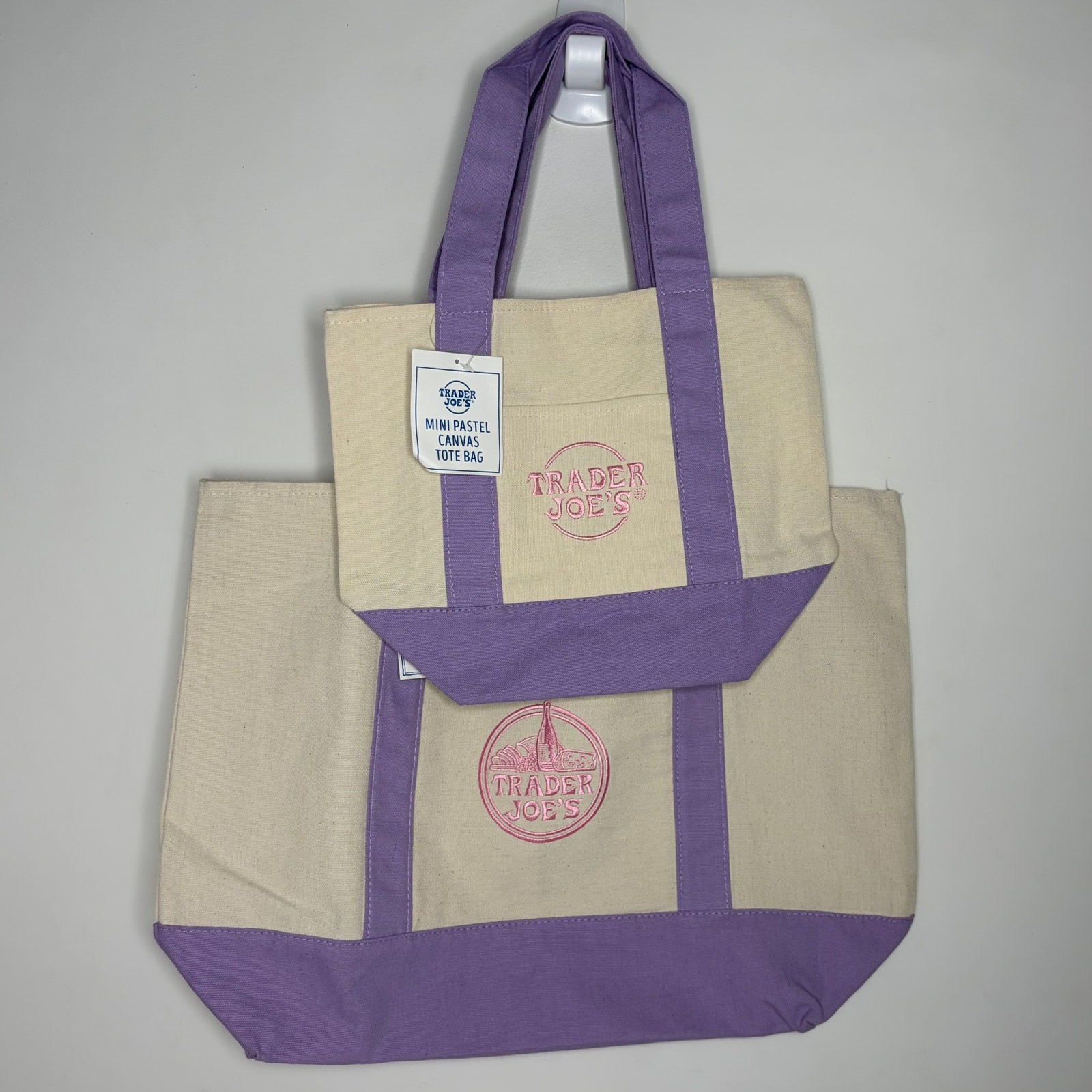 Set of 2 — Trader Joe’s Canvas Tote Bags Full Size + Mini LAVENDER Pastel Purple