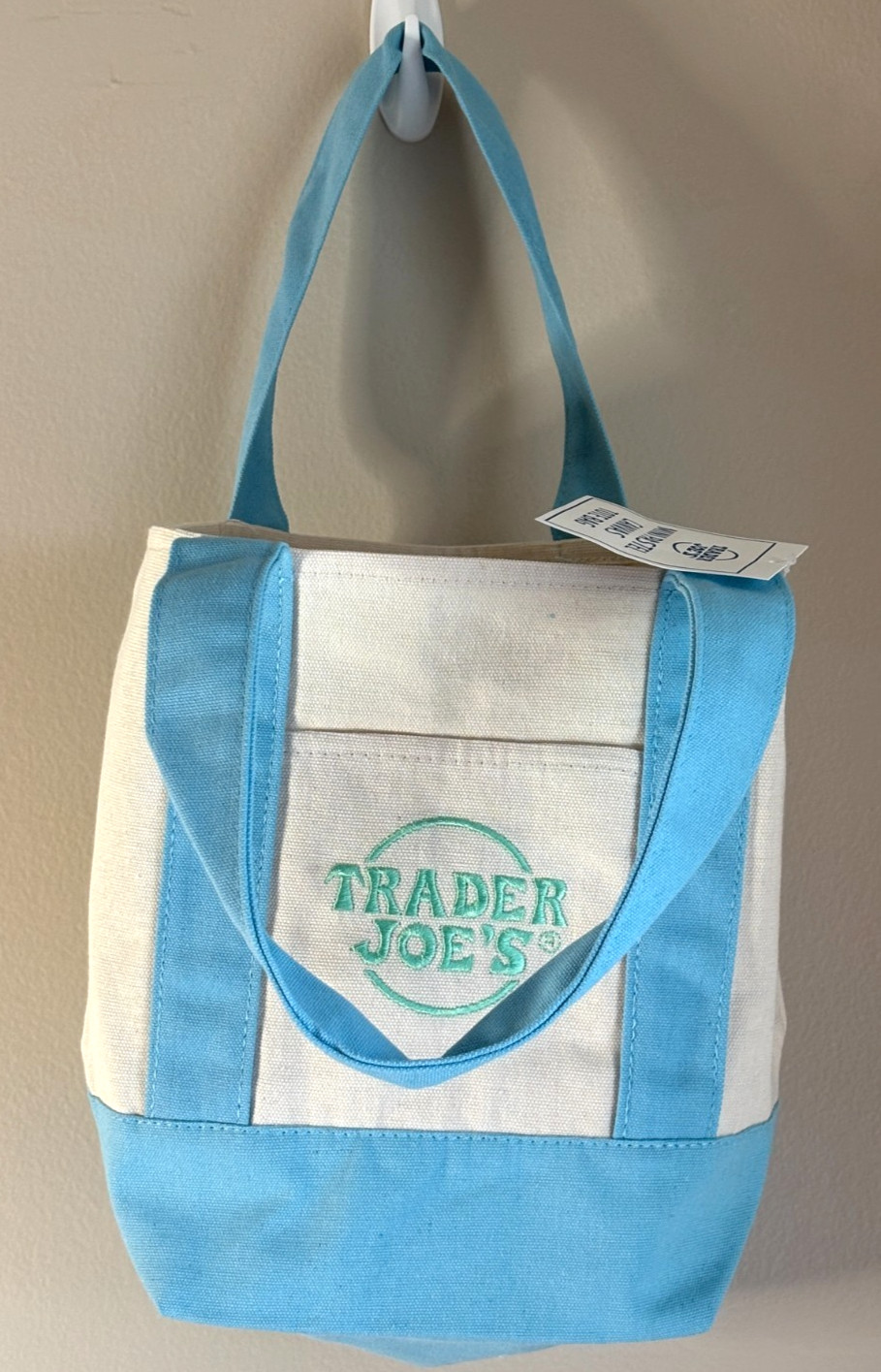 Trader Joe’s Pastel Blue Canvas Mini Tote Bag Embroidered Double Handles