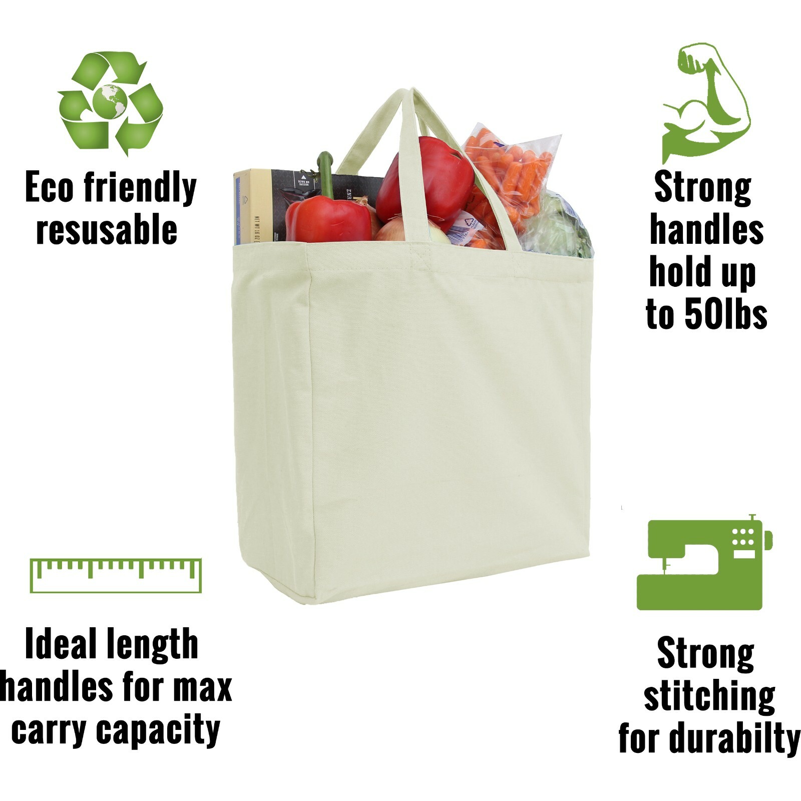Large Cotton Canvas Shopping Grocery Tote Bags – Reusable-10oz Fabric 14x14x7.5″