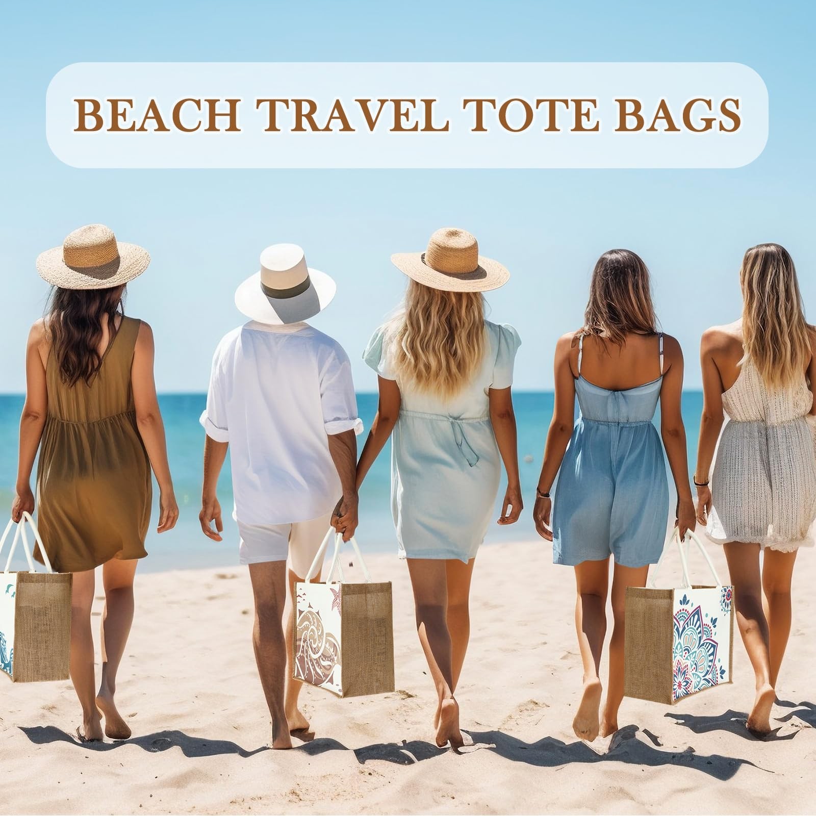 6 Pack Beach Burlap Tote Bags 14.2×12.6×7.5 Inch Large Jute DIY Gift Bag