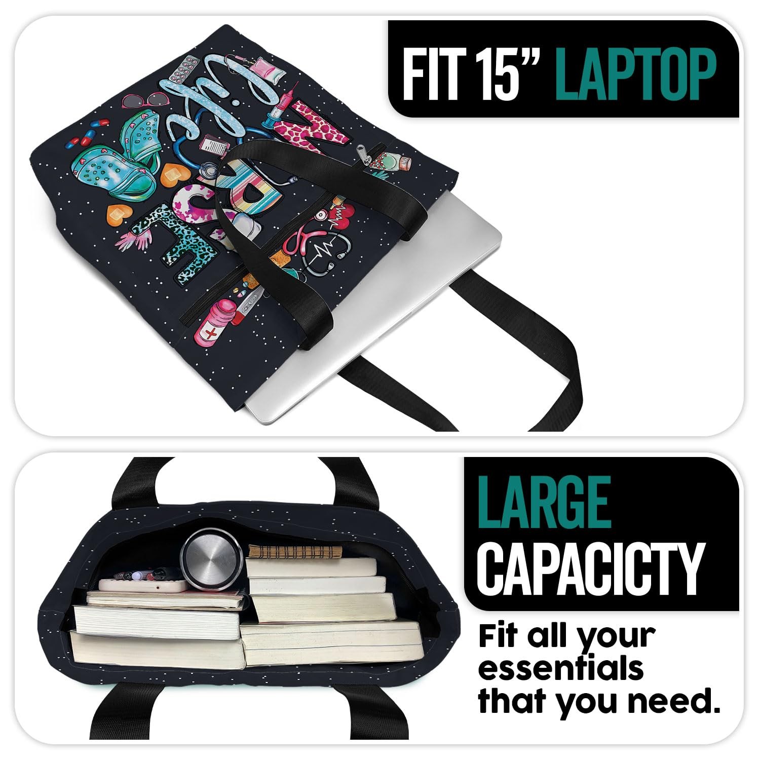 Large Waterproof Tote Bag With Pockets And Zipper For Work. Gift For Nurse. Shou
