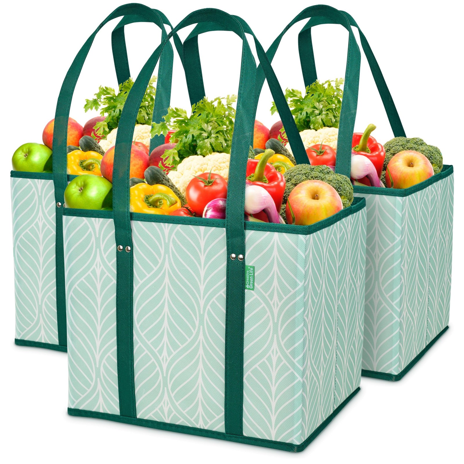3 PCS Green Heavy Duty Reusable Grocery Shopping Bags Box Shape Hard Bottom