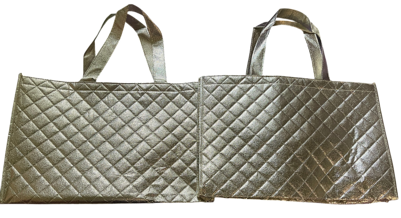 Lot of 2 Metallic Silver Quilted Tote Gift Bag Shopping Bag Reusable NEW