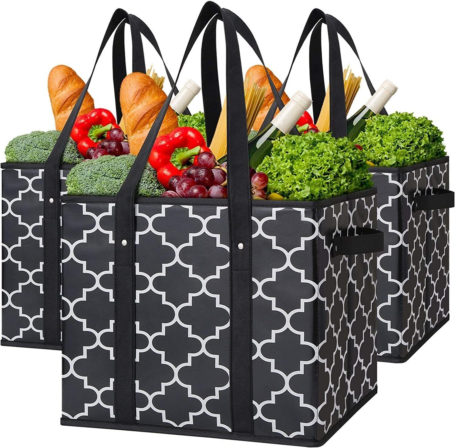 WISELIFE Reusable Grocery Bags 3-Pack Foldable Washable Large Storage Bins Baske