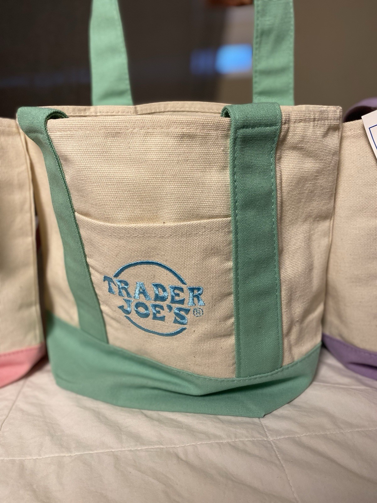 Trader Joe’s Mini Pastel Canvas Foldable Small Tote Bag Set of 4 Multicolor