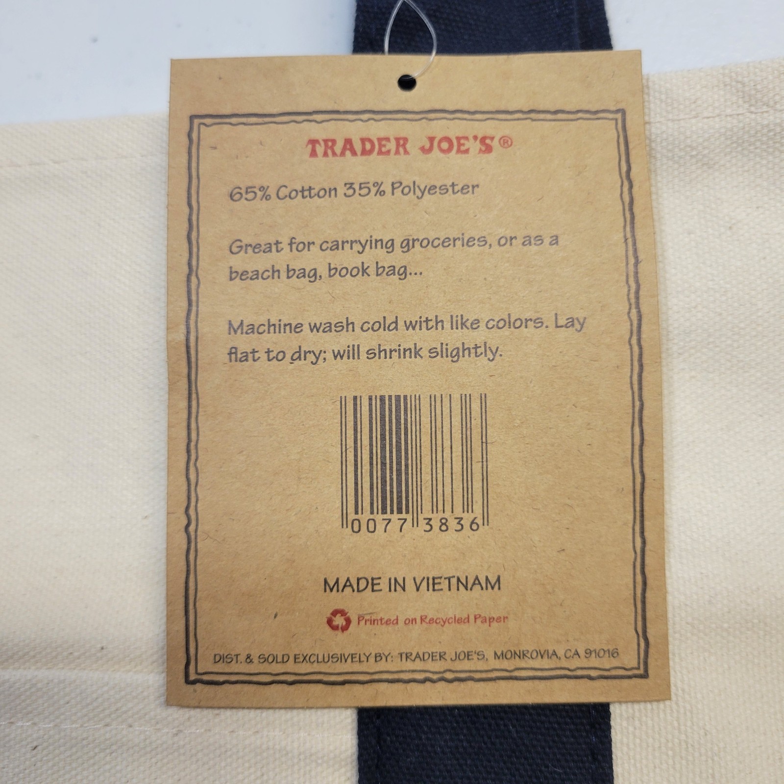 NWT Trader Joe’s Large Canvas Tote Reusable Bag 20x14x6″ Navy Blue/White * NEW *