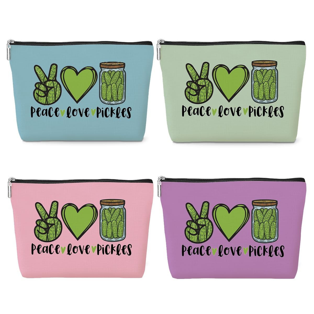jeilink 4 Pack Pickles Makeup Bag Pickle 9.8×7 Inches, Peace Love 0900