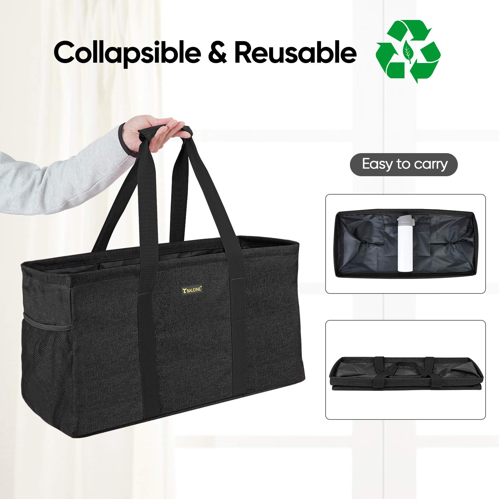 Extra Large Utility Tote Bag with Wire Frame for Storage (Black, 22”x12”x10”)