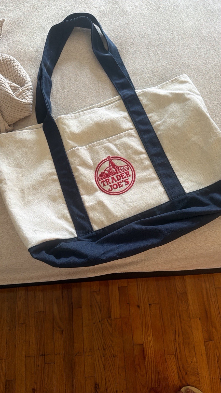 Trader Joe’s Canvas Tote Reusable Foldable Bag Beige Navy Blue