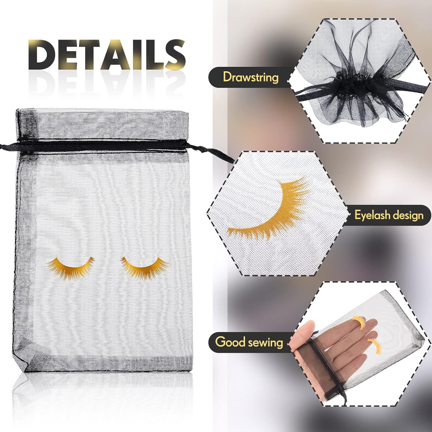100 Pcs Eyelash Aftercare Bags Eye Lash Print 4 x 6 Inch, Black Plus Golden