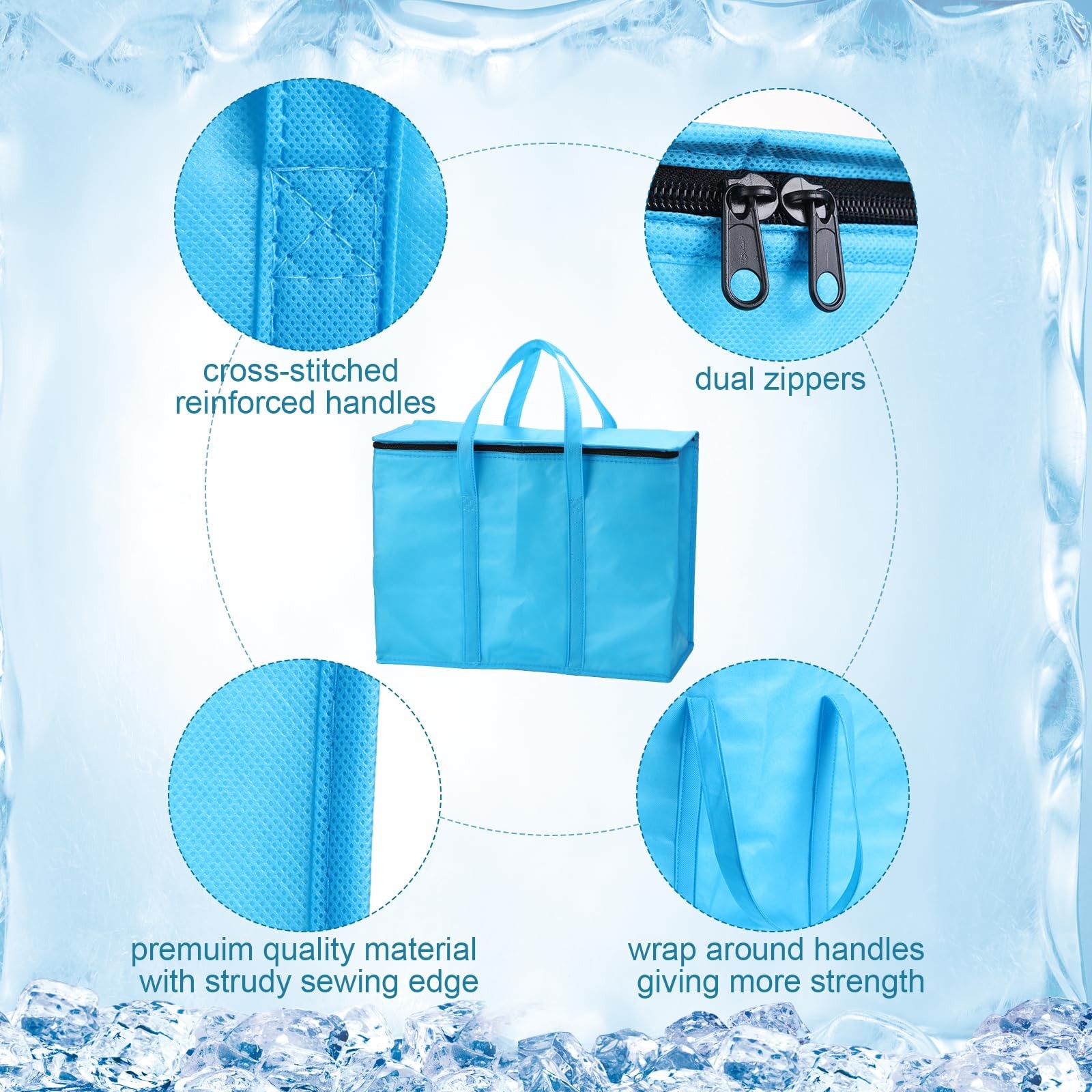 3 PCS Blue XLLarge Insulated Reusable Grocery Bag Foldable Cooler Tote Zip