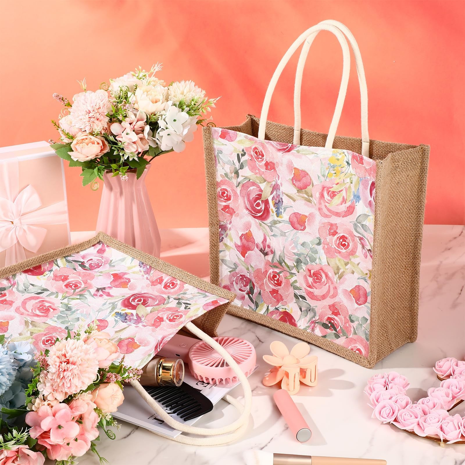 8 PCS Jute Floral Totes Bags Reusable Grocery Handle Burlap Tea Birthday