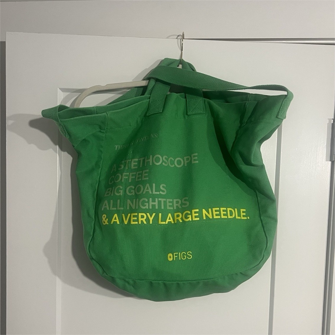 FIGS Green Reusable Tote Bag 19x18x6 in Long Handles Text Print