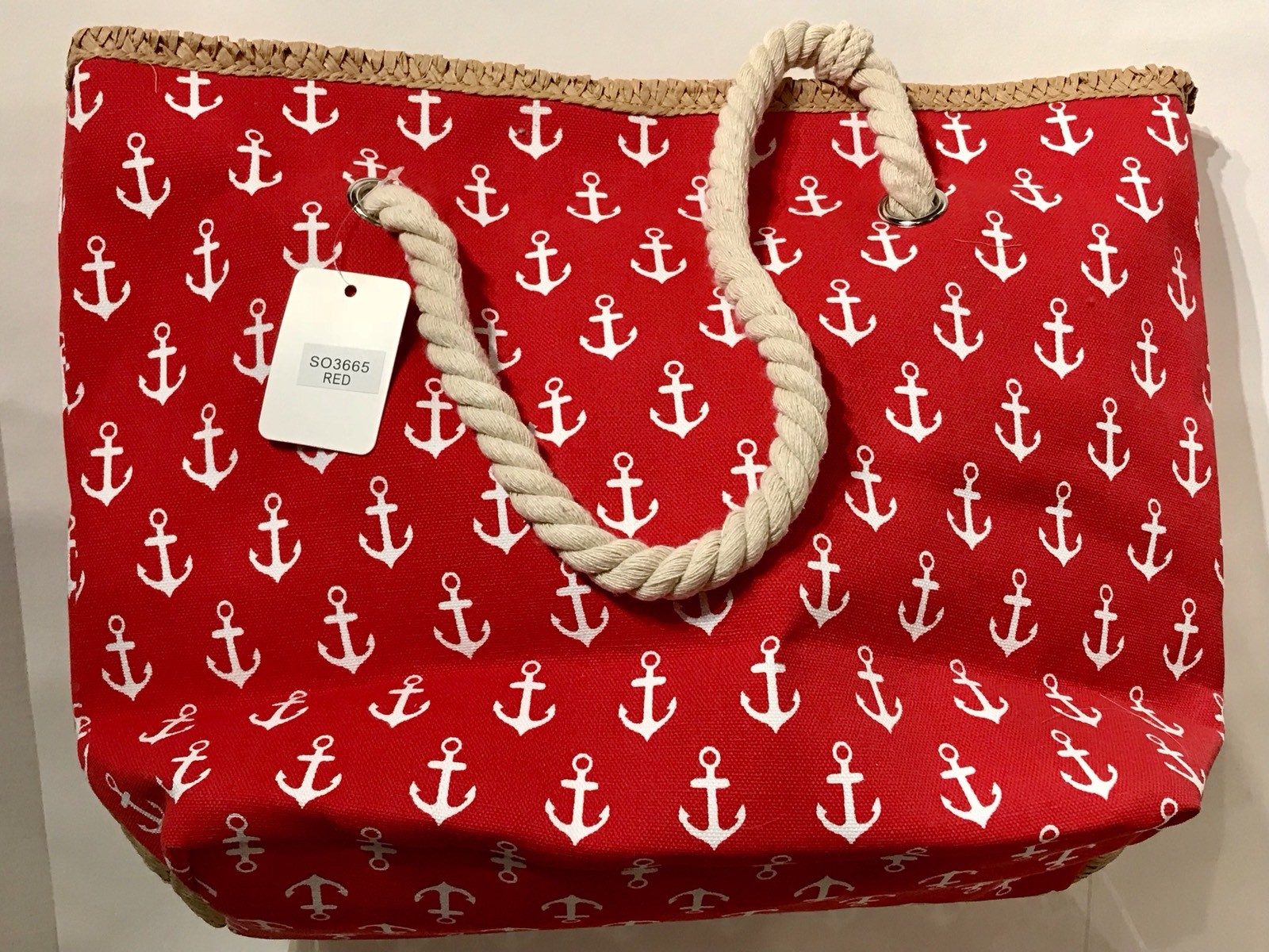 Beach Bag/Tote & Wristlet Nautical Anchor Print Canvas Red Rope Handle Straw NWT